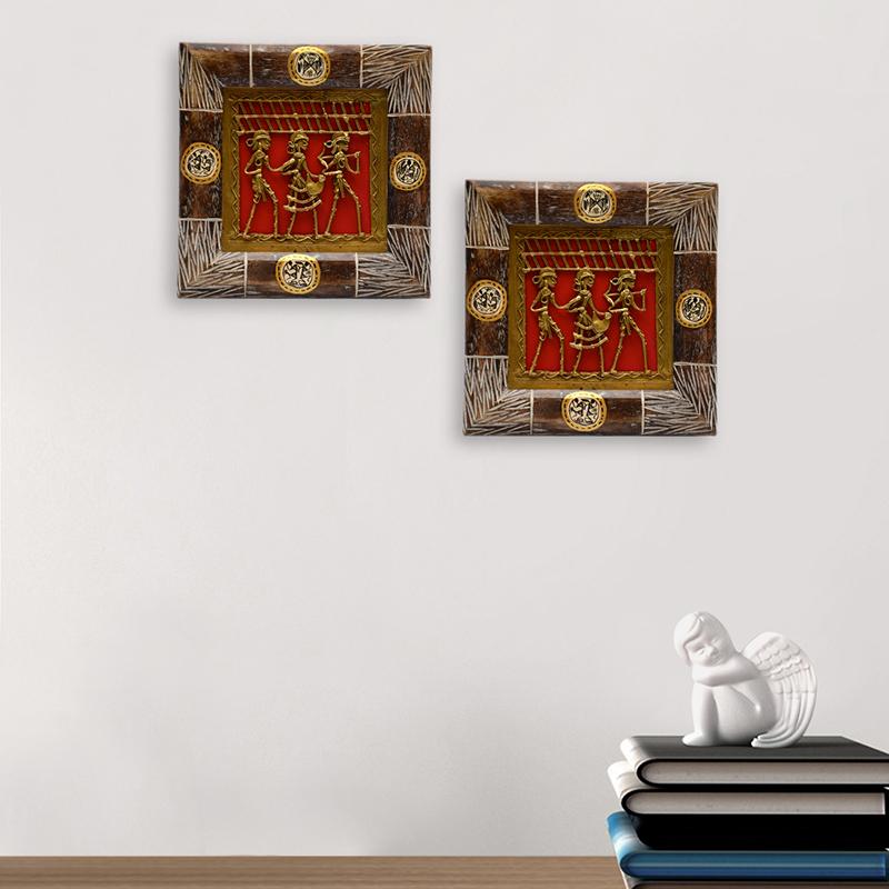 Dhokra Work & Warli Hanpainted Wall Decor Set In Wood