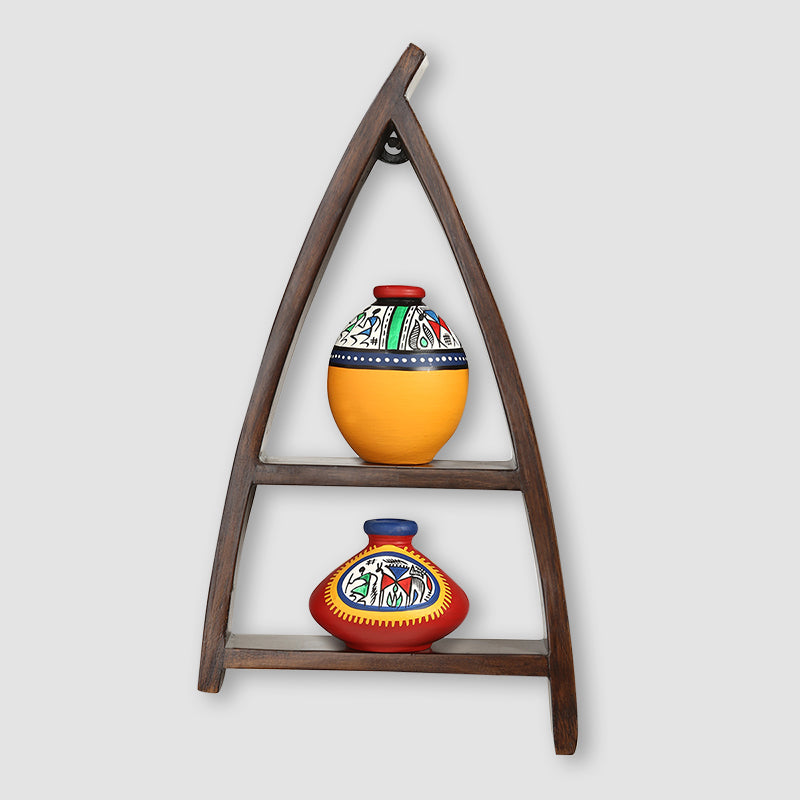 Wooden Wall Shelves With Handpainted Terracotta Pots
