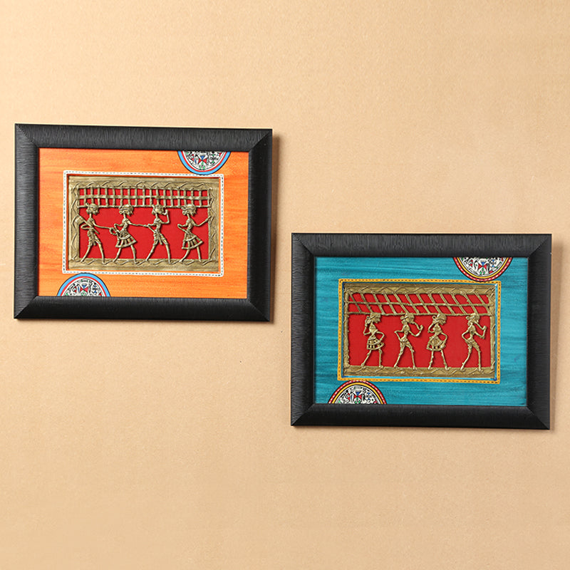 Sunset Orange & Ocean Blue Handpainted Warli & Dhokra Rectangular Wall Painting Set