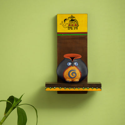 Terracotta 'Owl Face Pot' With Wooden Wall Shelf