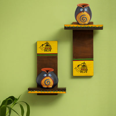 Terracotta 'Twin Owl Pot-Faces' With Wooden Wall Shelves