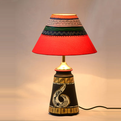 14 Inch Terracotta Handpainted Madhubani  Tappered Lamp Black