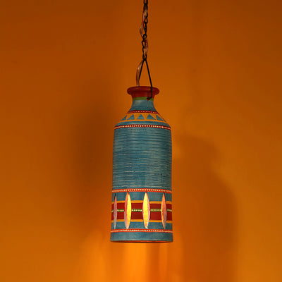 'The Light Carrier' Terracotta Pendant Cum Hanging Lamp In Azure Blue