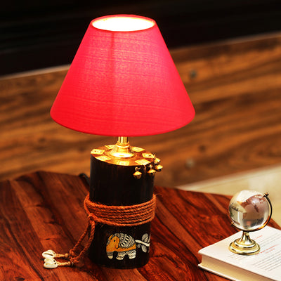 'The Red-Shade Log' Madhubani Hand-Painted Table Lamp In Wood
