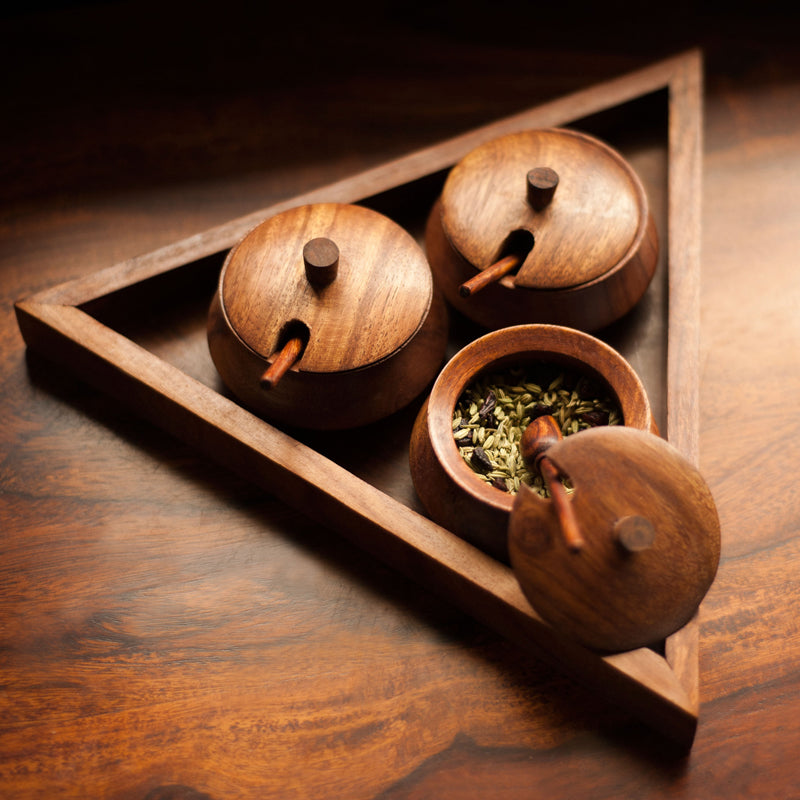 Triangular Jar Set With Tray And Spoon In Sheesham Wood