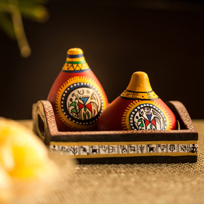 Terracotta Warli Handpainted Salt and Pepper Shaker With Tray