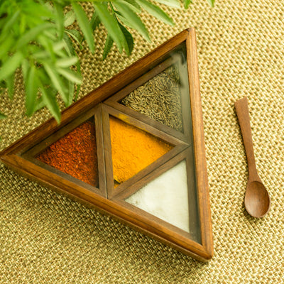 Sheesham Wood Pyramid Spice Box With Spoon (4 Containers)