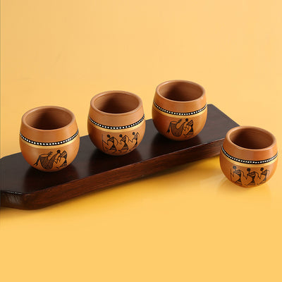 'New-Old World Charms' Warli Hand-Painted Kulhads In Terracotta (Set Of 4)