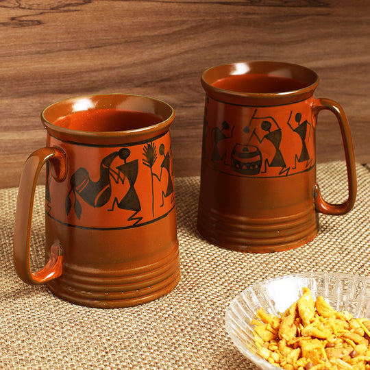 'Two To Tango' Warli Hand-Painted Beer & Milk Mugs In Ceramic (Set Of 2)