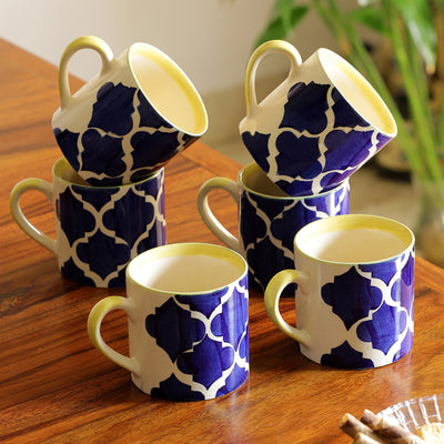 'Ocean Caffeine Hangouts' Handpainted Tea & Coffee Cups In Ceramic (Set Of 6)