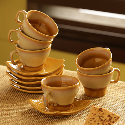 Tea Cups & Saucers Set Dual Glazed Studio Pottery In Ceramic (Set Of 6)