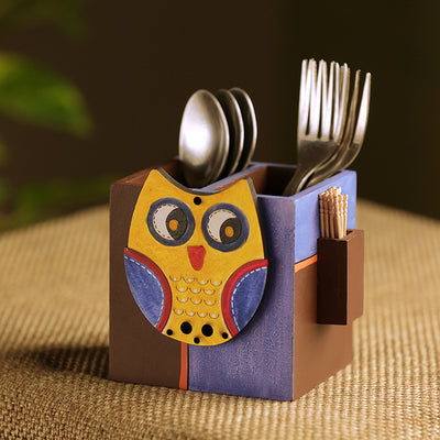 'Owl Motif' Cutlery & Toothpick Holder In Wood (3 Partitions)