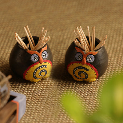 Small 'Twin Owl Pot-Faces' Toothpick Holder In Terracotta (Set Of 2)