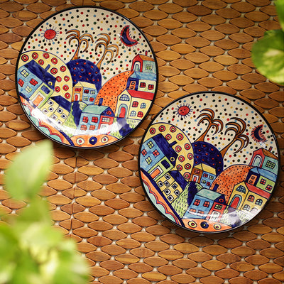 The Hut Couple' Hand-Painted Ceramic Dinner Plates (10 Inch | Set Of 2)