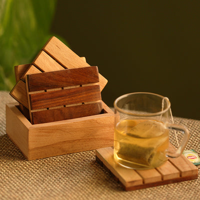 'Squares of Wood' Handcrafted Wooden Coasters With Stand (Set Of 4)