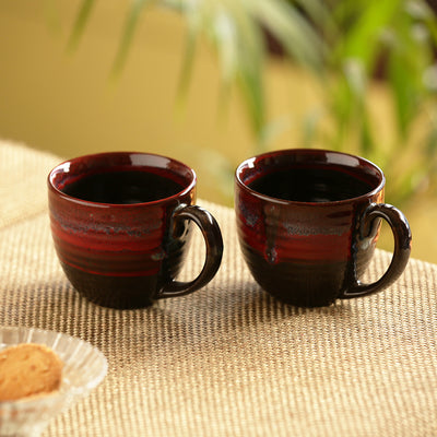 'Crimson Lava Dome' Hand Glazed Studio Pottery Ceramic Coffee & Tea Mugs (Set Of 2)