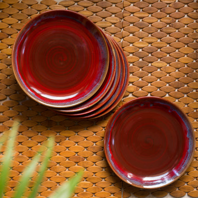 Crimson Frisbee' Hand Glazed Studio Pottery Ceramic Dining Plates (10 Inch | Set of 6)