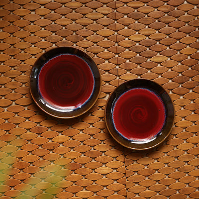 Crimson Frisbee' Hand Glazed Studio Pottery Ceramic Quarter Plates (7 Inch | Set of 2)