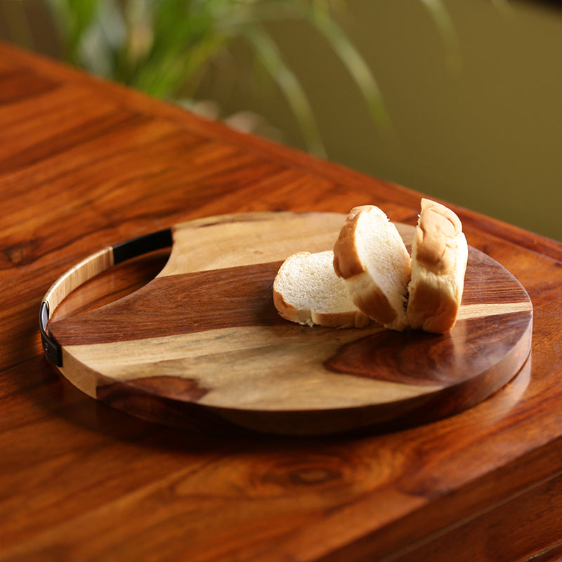 Cane Handwoven Chopping Board In Sheesham Wood & Iron