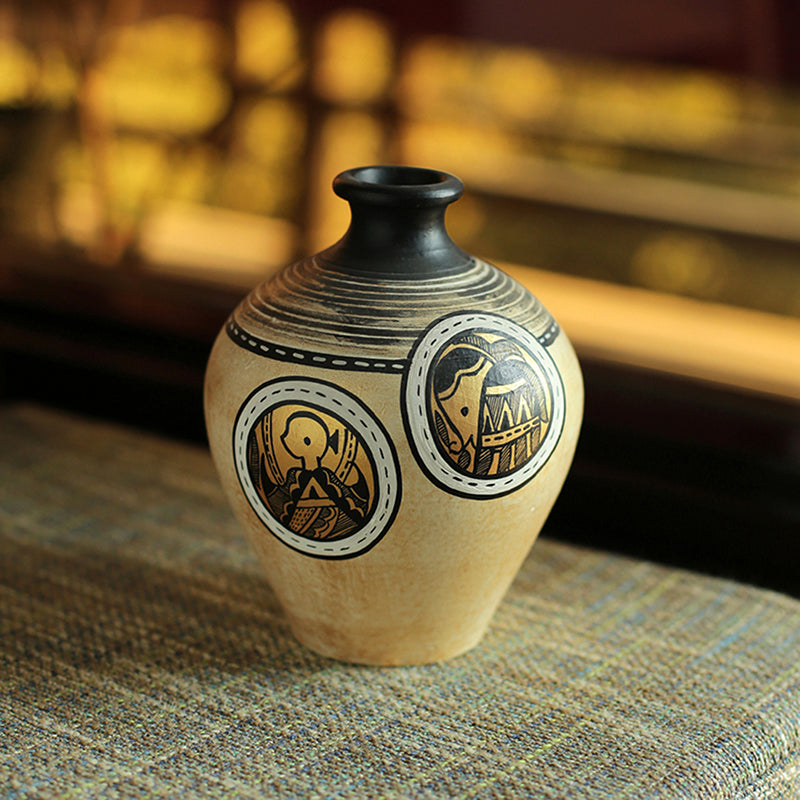 Terracotta Handpainted Warli Vase Matki Neck Natural White 6 Inch
