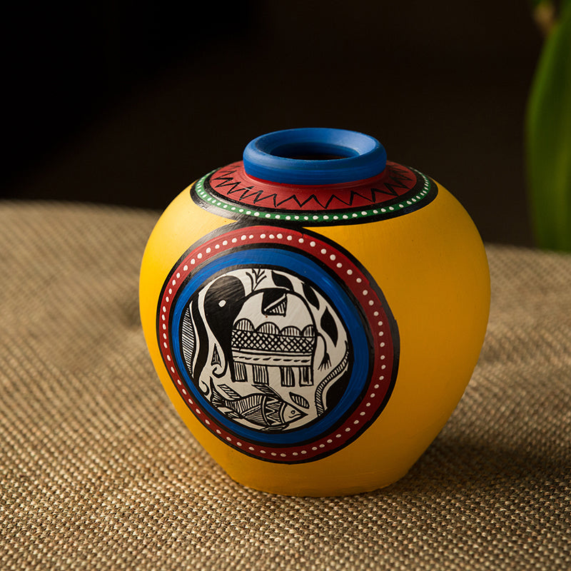 Terracotta Handpainted Warli Vase Matki Yellow 6 Inch