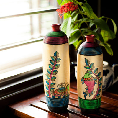 Madhubani Handpainted Bottle Shape Terracotta Vase Set