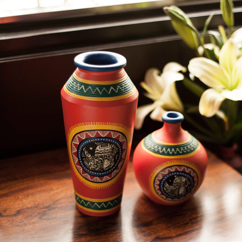 Madhubani Handpainted Terracotta Vase Set In Bright Orange