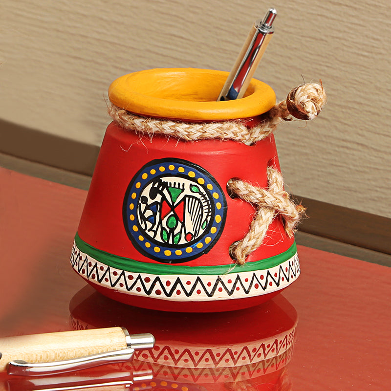 Terracotta Warli Handpainted Pen Stand Knitted Red