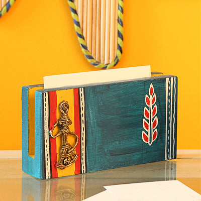 Ocean Blue Handpainted Wooden Business Card Holder With Dhokra Art