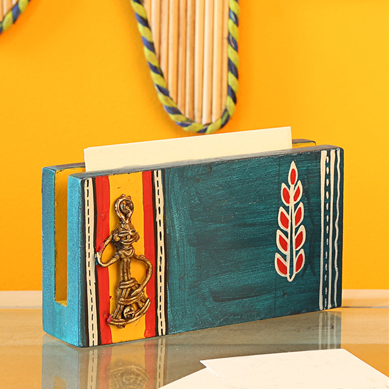 Ocean Blue Handpainted Wooden Business Card Holder With Dhokra Art