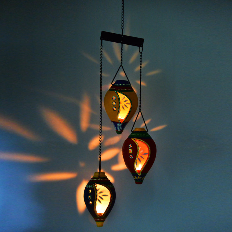 Terracotta Handpainted Multicolored Hanging Shankh Tea Light Set Of 3
