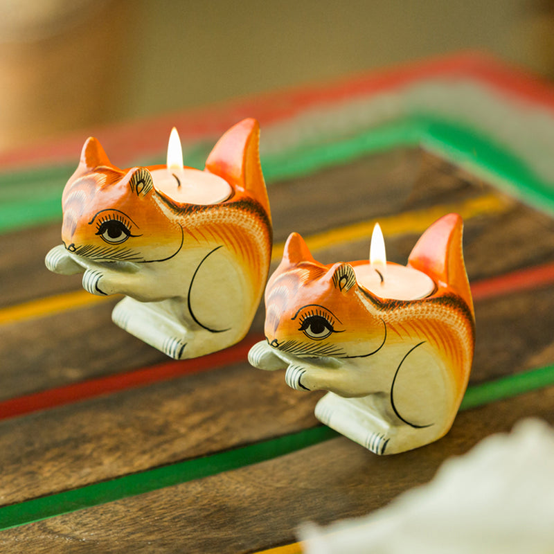 Handmade & Hand-Painted Squirrel Tea-Light Holder Set In Wood