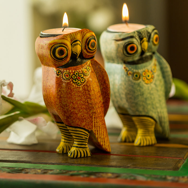 Handmade & Hand-Painted Owl Tea-Light Holder Set In Wood
