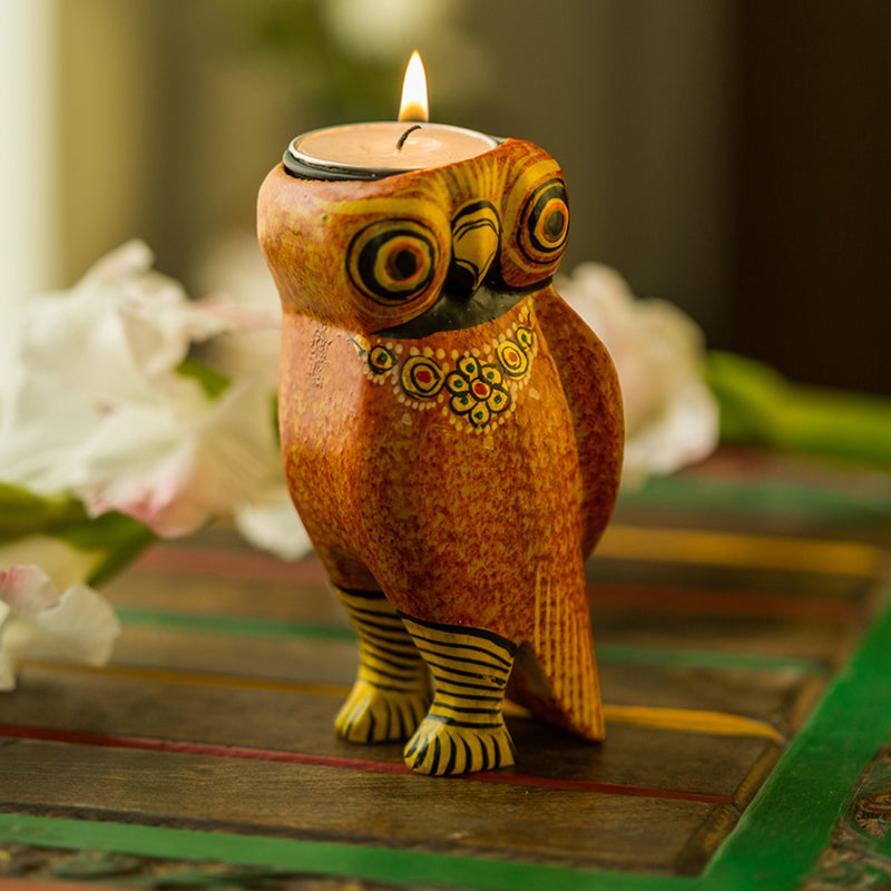 Handmade & Hand-Painted Owl Tea-Light Holder In Wood