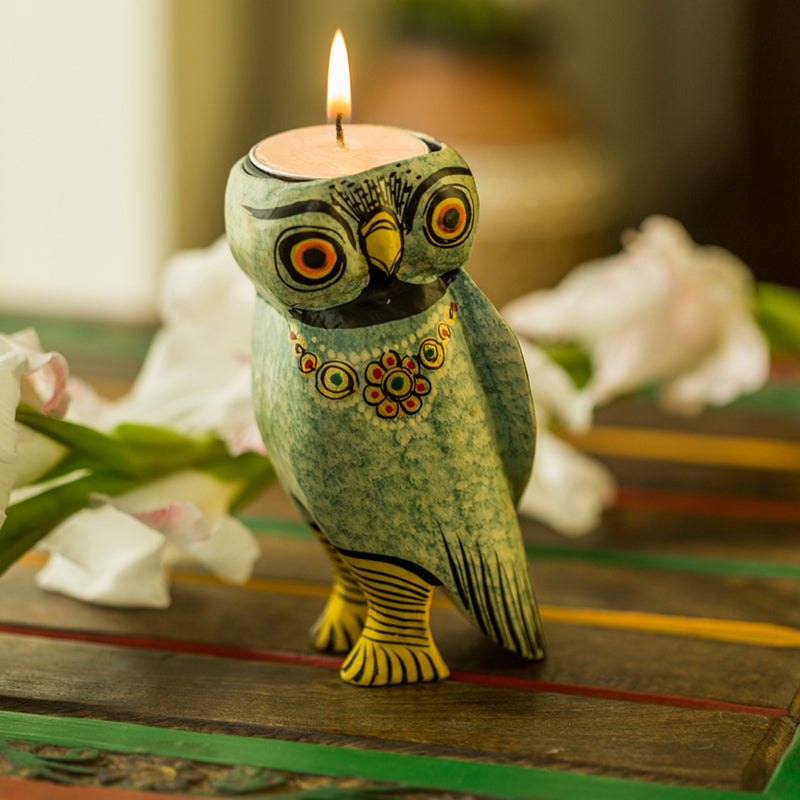 Handmade & Hand-Painted Owl Tea-Light Holder In Wood