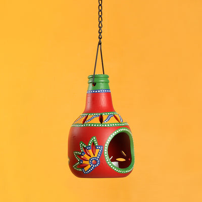 'The Earthern Bottle' Terracotta Hanging Tea-Light Holder In Crimson Red