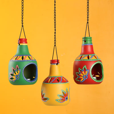 'The Bottle Trio' Terracotta Hanging Tea-Light Holders (Set Of 3)