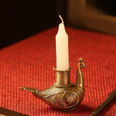 'Glowing Peacock'Handmade Brass Candle Holder In Dhokra Art