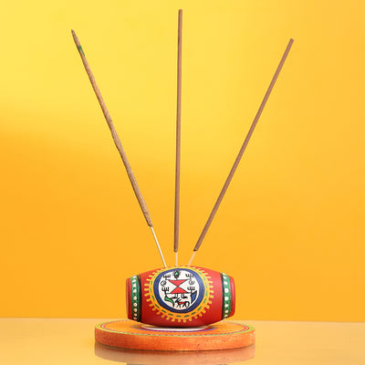 'Aromas In A Dholak' Terracotta Warli Incense Stick Holder With Wooden Tray