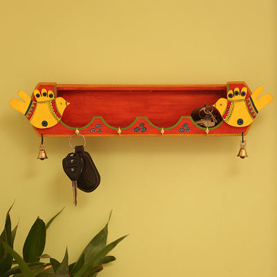 'Chirping Birds' Key Holder With Shelf Handmade In Wood