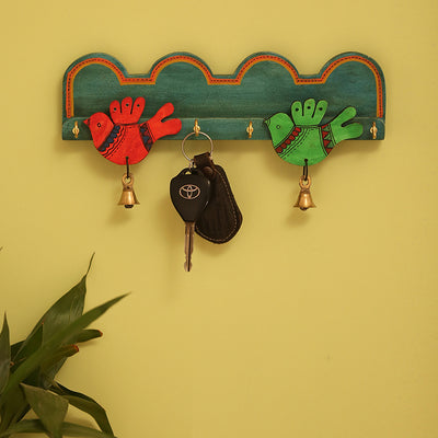 Teal Blue 'Chirping Birds' Key Holder Handmade In Wood