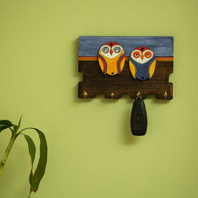 'Twin Owl Motifs' Wooden Key Holder (4 Hooks)