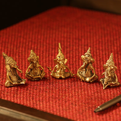 'Golden Ganeshas' Handmade Brass Miniatures In Dhokra Art (Set Of 5)