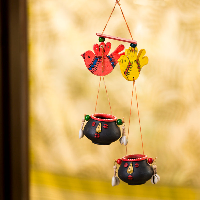 ‘Nesting Pot-Faces’ Hand-Painted Bird Decorative Hanging In Terracotta & Wood