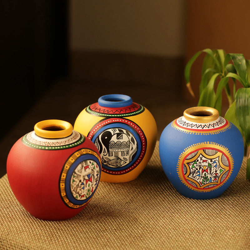 Combo Of Terracotta Handpainted Vases Set Of 3