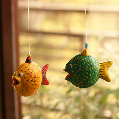 'Happy Fish' Handmade Garden Decorative Hanging In Terracotta (Set of 2)