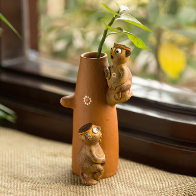'Chattering Monkeys' Handmade Garden Decorative Table Cum Wall Showpiece In Terracotta