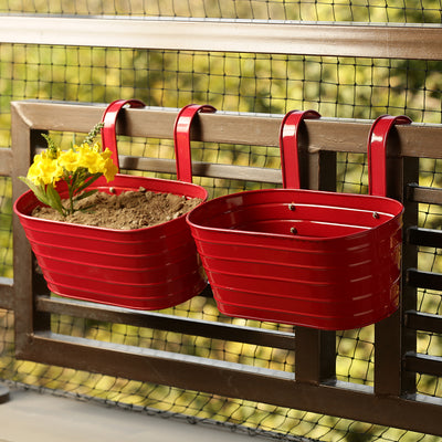 'Glossy Red' Hand-Painted Metal Railing Cum Table Planters Pot (Set Of 2)