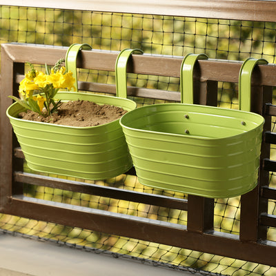 'Grass Green' Hand-Painted Metal Railing Cum Table Planters Pots (Set Of 2)