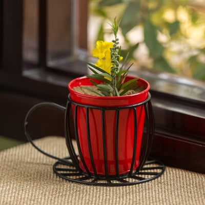 'Plant In A Cup' Table Cum Floor Planter Pot In Glossy Red